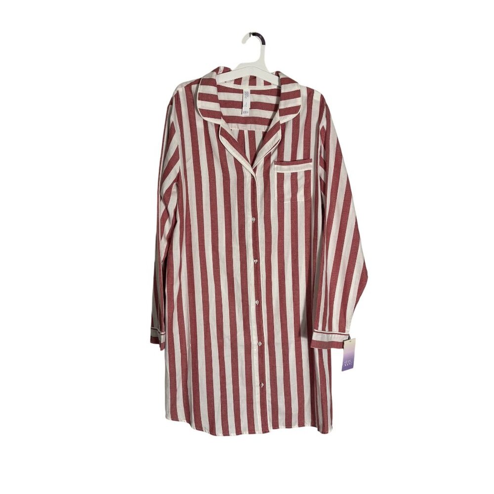Red & White Striped Button-Down Nightshirt Stars Above Long Sleeves Flannel XL - Picture 2 of 11